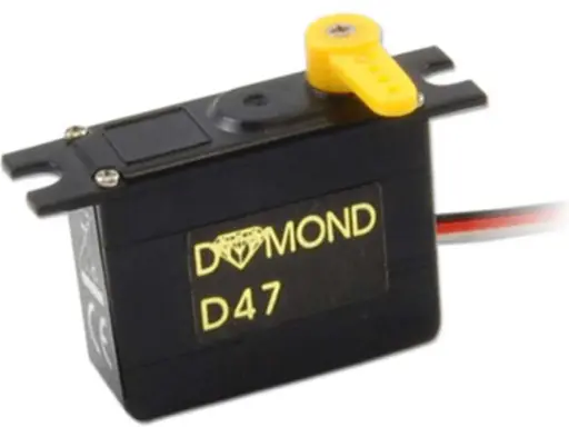 Schwarzes dymond servo D47 mit gelbem Hebel und Kabeln.