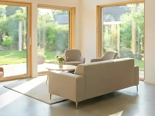 Salón moderno con grandes ventanales que dan a un jardín. Muebles claros y minimalistas. Ideal para aprovechar la luz natural y las deducciones IRPF por eficiencia energética.