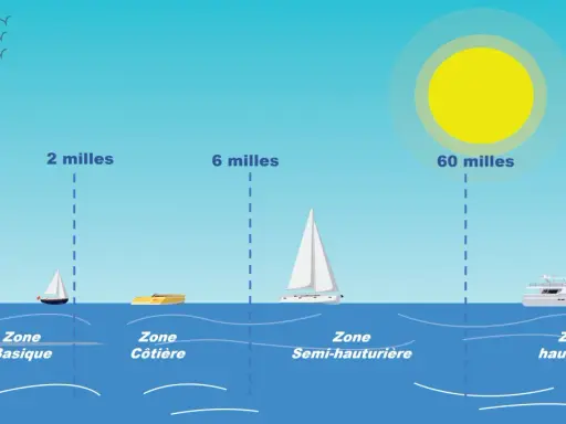 Illustration montrant des zones de navigation : abri, côtière, semi-hauturière et hauturière. Un phare et des bateaux sont représentés, ainsi que des distances en milles, un instrument de navigation essentiel.