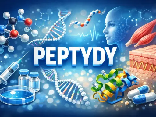 Peptydy sygnałowe w nauce i medycynie: DNA, molekuły, ludzka twarz, mięśnie, skóra, strzykawka, fiolki, kapsułki.