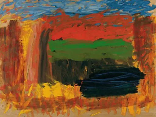 Vibrant abstract painting by Howard Hodgkin, with bold strokes of red, green, and blue suggesting a landscape or memory.