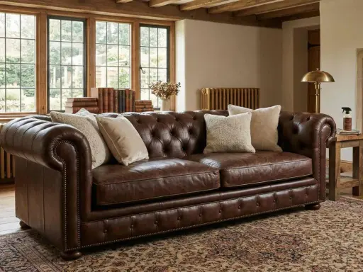 Brun Chesterfield-soffa i anilin skinn med knappad rygg och armstöd. Prydnadskuddar och en antik matta ger en varm känsla.