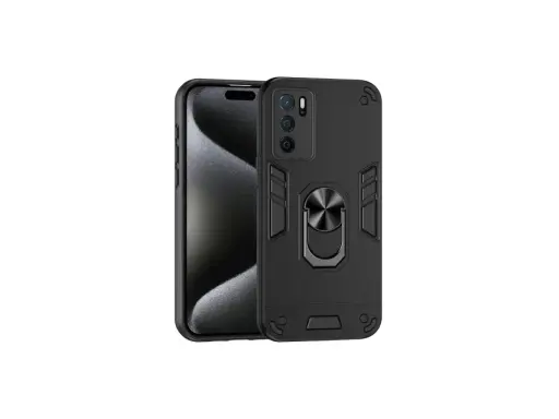 Czarne, wytrzymałe etui na telefon Oppo A16 z pierścieniem na palec i wzmocnionymi narożnikami.