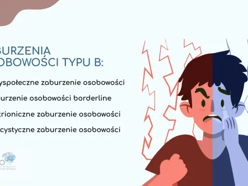 Zaburzenia osobowości typu B: przykłady obejmują antyspołeczne, borderline, histrioniczne i narcystyczne. Grafika przedstawia twarz podzieloną na dwie skrajności emocjonalne.
