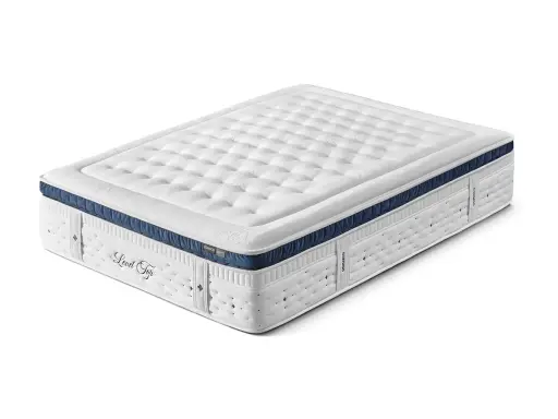 Colchón blanco y azul con acolchado detallado. ¿Que colchon es mejor para dormir? Este modelo ofrece confort y soporte.