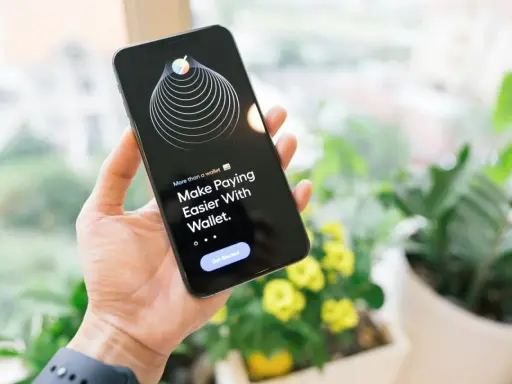 Dłoń trzyma iPhone'a z aplikacją Wallet, która ułatwia płatności dzięki technologii NFC.