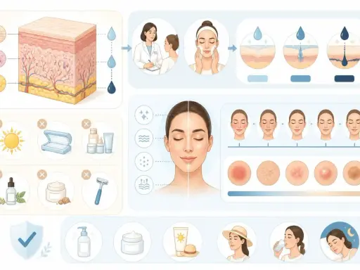 Illustration d'un peeling visage, montrant les couches de la peau, des conseils de soins et les effets sur différents types de peau.