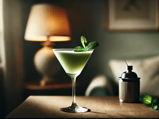 Grön, krämig gräshoppa drink med myntakvist i martiniglas. Bredvid står en metallbehållare och myntablad på träbord.