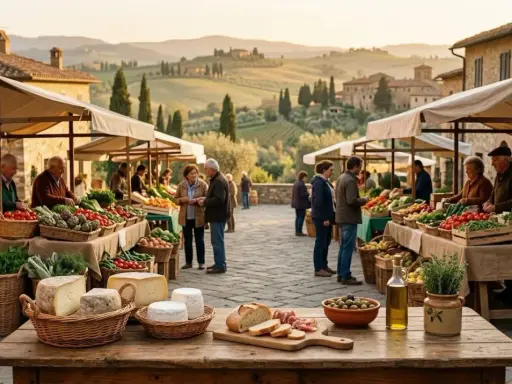 Mercato toscano con prodotti freschi e formaggi, ideale per vacanze enogastronomiche.