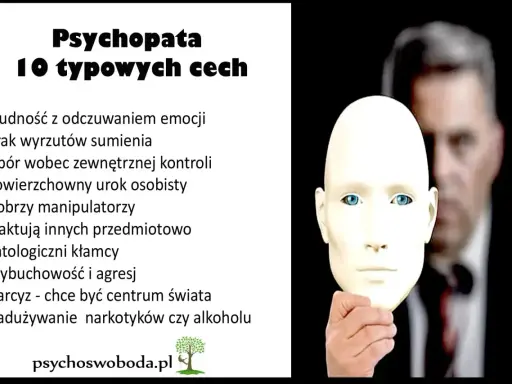 Psychopaci są wśród nas. Obraz przedstawia maskę, za którą kryje się człowiek z listą cech psychopaty: brak emocji, manipulacja, kłamstwa.