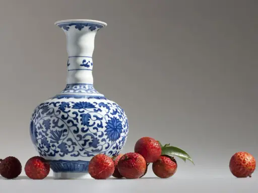 Un vase Satsuma bleu et blanc orné de motifs floraux, entouré de litchis rouges. Comment reconnaître un vase Satsuma ? Observez les détails.
