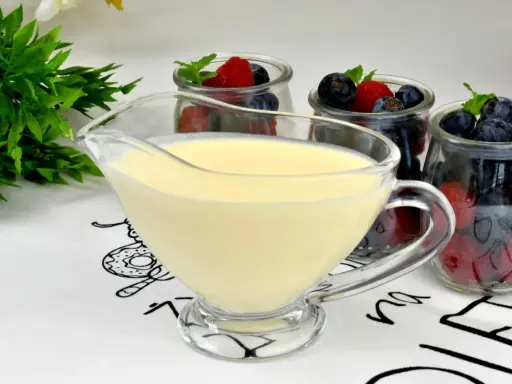A glass boat filled with smooth, creamy krem angielski, ready to be poured over fresh berries in jars.