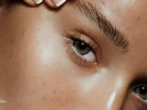 Un gros plan sur un œil avec des lentilles bleues et des sourcils parfaitement définis après un soin pour teindre sourcils.