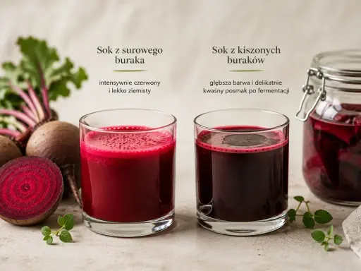 Sok z buraka na co? Dwa szklanki z sokiem: jeden z surowego buraka, drugi z kiszonych buraków. Obok buraki i słoik z kiszonkami.