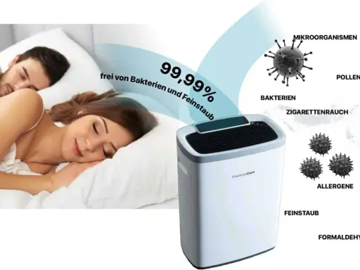 Ein Paar schläft friedlich, während ein Luftreiniger das Schlafzimmer putzen hilft, 99,99% der Bakterien und Feinstaub zu entfernen.