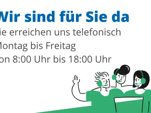 Illustration von drei Personen mit Headsets, die telefonisch erreichbar sind.