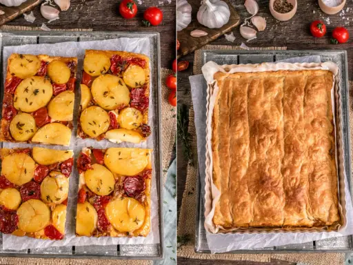 Herzhafte Tarte Tatin mit Kartoffeln und Tomaten, daneben eine goldbraune Teigkruste.