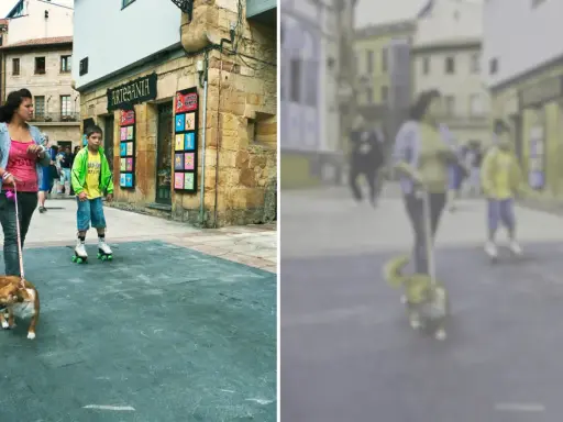 Spacerem po mieście, gdzie pies widzi głównie odcienie żółci i niebieskiego, a dziewczyna prowadzi go na smyczy.