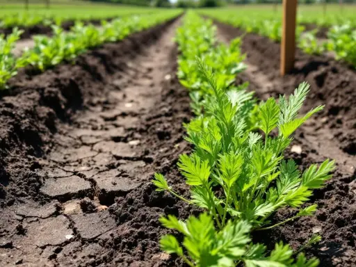 Jeunes semis de panais dans un champ, alignés en rangées sur un sol sombre et craquelé.