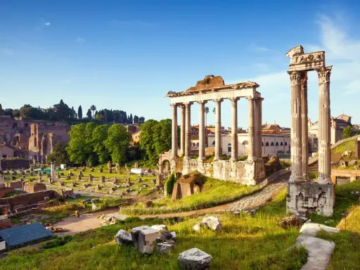 Antiche rovine e colonne maestose nel Foro Romano, un luogo dove si trova la storia millenaria.