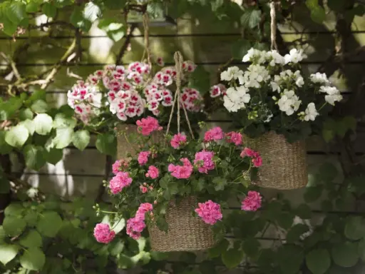 Hängande korgar med blomstrande pelargoner utomhus. Rosa och vitblommande pelargoner skapar en färgklick mot en trävägg.