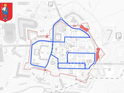 Mapa pokazuje, gdzie leży Zamość, z zaznaczoną trasą spacerową po fortyfikacjach i Starym Mieście.