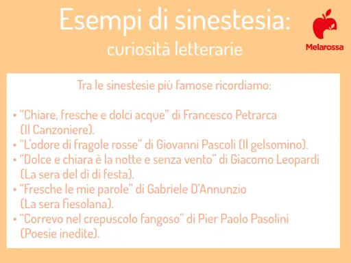 Esempi di sinestesia: "Chiare, fresche e dolci acque" di Petrarca, "L'odore di fragole rosse" di Pascoli, "Dolce e chiara è la notte" di Leopardi.