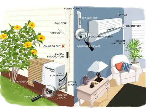 Illustration expliquant comment fonctionne une clim : unité extérieure, liaison frigorifique, unité intérieure avec écoulement et pompe de relevage.