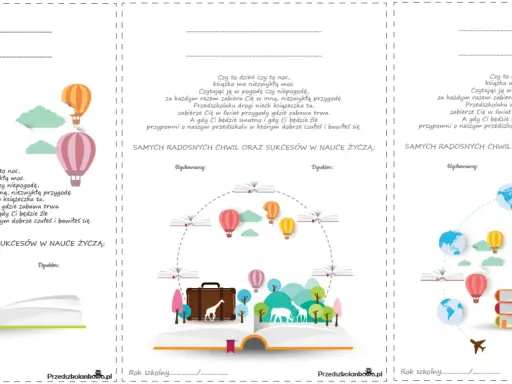 Wkładki do książek do edycji z motywem podróży i nauki. Balony, globusy i walizka symbolizują przygody, które czekają na dzieci w świecie książek.