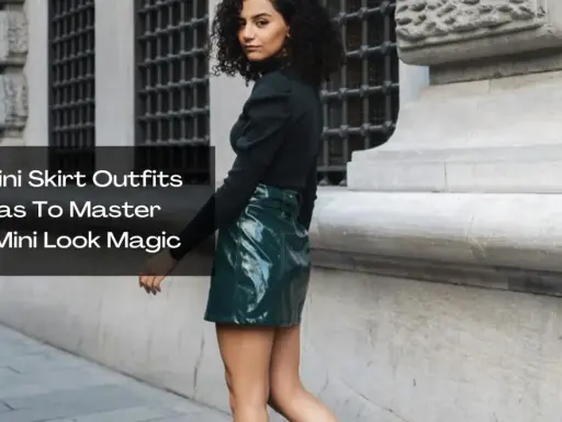 A woman models a shiny green mini skirt and black top, showcasing a chic mini skirt and boots outfit idea.