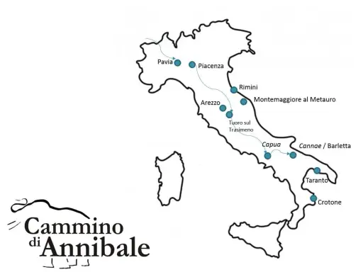 Mappa del Cammino di Annibale, che ripercorre le tappe storiche in Italia da Pavia a Crotone, passando per Piacenza, Rimini, Arezzo e Capua.