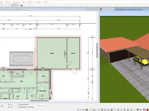 Bauplan eines Bungalows mit Garage und Carport. Die grenzbebauung garage ist im Plan detailliert.