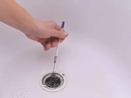 Mano retirando pelos y suciedad del desague plano de una bañera con un bolígrafo.