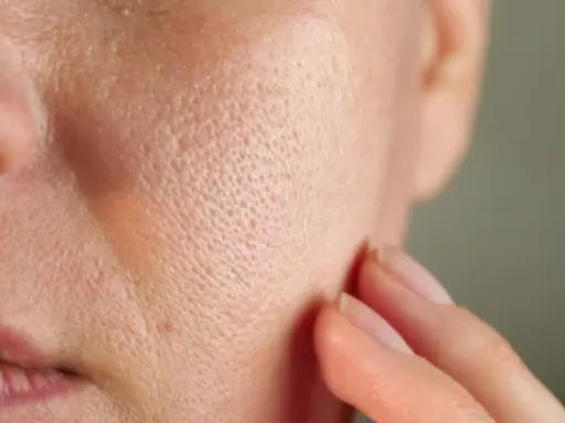 Zbliżenie na skórę z widocznymi porami, które mogą być wypełnione sebum. Dłoń delikatnie dotyka policzka.