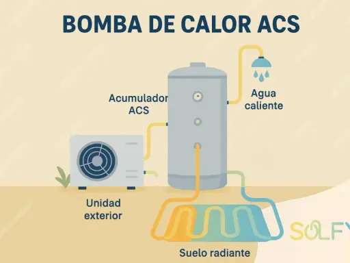 Diagrama de una bomba de calor para agua caliente sanitaria (ACS). Muestra una unidad exterior, un acumulador ACS y un sistema de suelo radiante, con flechas indicando el flujo de agua caliente.