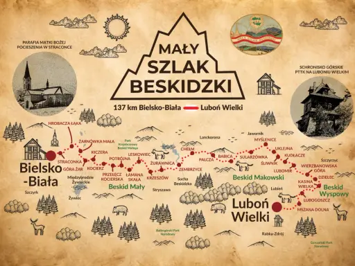 Mapa Mały Szlak Beskidzki: 137 km trasy od Bielska-Białej do Lubonia Wielkiego, z zaznaczonymi etapami i atrakcjami.
