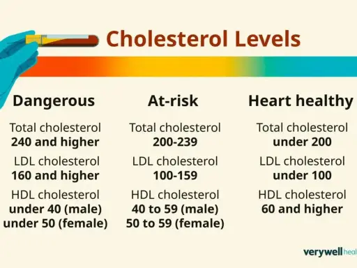 Poziomy cholesterolu: wysoki cholesterol jest niebezpieczny. Tabela pokazuje wartości dla cholesterolu całkowitego, LDL i HDL.
