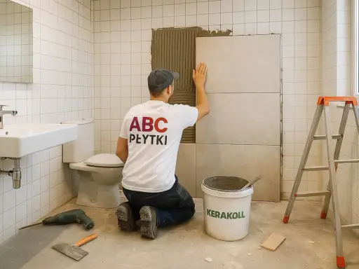 Fachowiec z koszulką "ABC PŁYTKI" układa płytkę na płytkę w łazience, używając kleju. Obok wiadro z zaprawą i drabina.