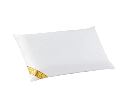 Almohada blanca a rayas, medida para cama de 135, con etiqueta dorada de la marca Silis.