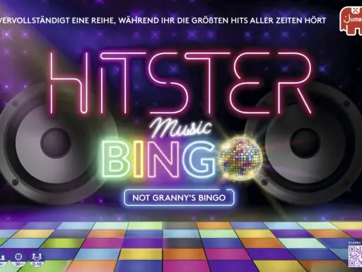 Gra neonowa "Hitster Music Bingo" z głośnikami i dyskotekową kulą. Gra dla fanów muzyki, którzy chcą się bawić przy największych hitach.