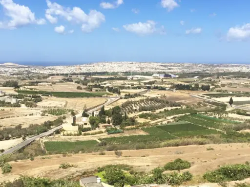 Malta, krajobraz jak z "Gry o tron", z polami uprawnymi, gajami oliwnymi i miastem w oddali.
