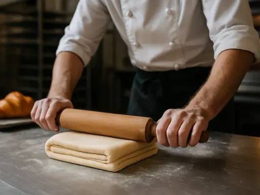 Un boulanger prépare une pâte feuilletée pour une recette, avec un croissant en arrière-plan.
