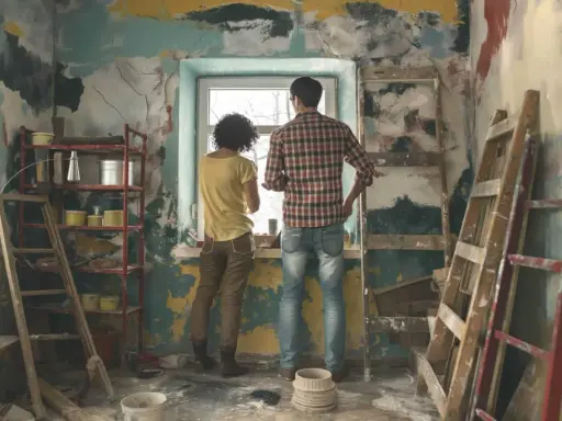 Pareja evalúa cuánto cuesta reformar una casa, rodeada de escaleras y materiales de construcción en una habitación en ruinas.