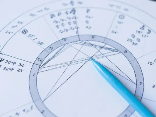 Zbliżenie na astrologia wedyjska kosmogram z niebieskim długopisem wskazującym na wykres.