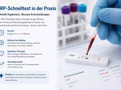 Blutstropfen fallen auf CRP-Testkassette. Ein hoher CRP-Wert im Blut zeigt Entzündungen an. Schnelle Ergebnisse für bessere Entscheidungen.