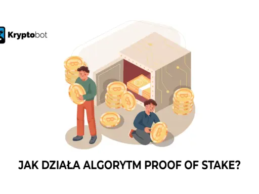 Dwóch mężczyzn z monetami kryptowalutowymi przy sejfie. Ilustracja wyjaśnia, co to jest nominated proof of stake.