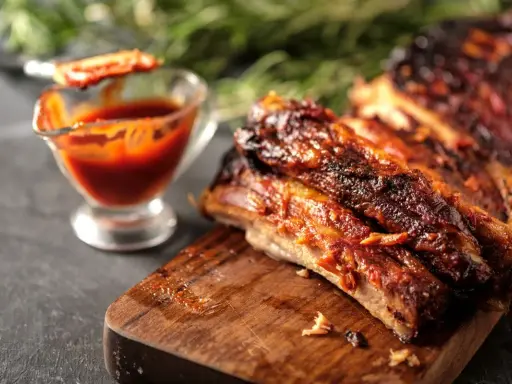 Costine al forno succulente e caramellate, servite su tagliere di legno con salsa barbecue in ciotolina.