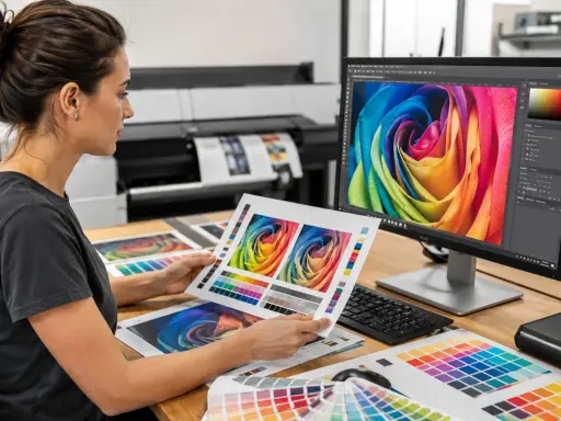 Diseñadora revisa impresiones a color, comparando con la pantalla y muestras. Entendiendo el cmyk significado para la impresión perfecta.