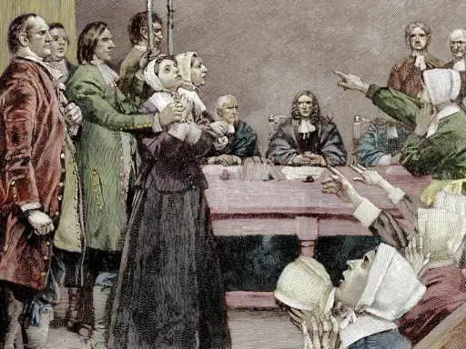 Szene eines Prozesses, der den Puritanismus widerspiegelt. Eine Frau wird beschuldigt, während andere auf sie zeigen.
