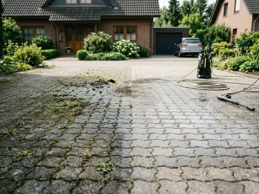 Hochdruckreiniger entfernt Moos und Unkraut von gepflasterter Einfahrt.